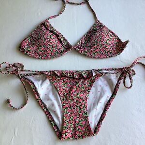 Vintage Victoria's Secret PINK String Bikini Set Sz Small Floral Pink/Black Y2K